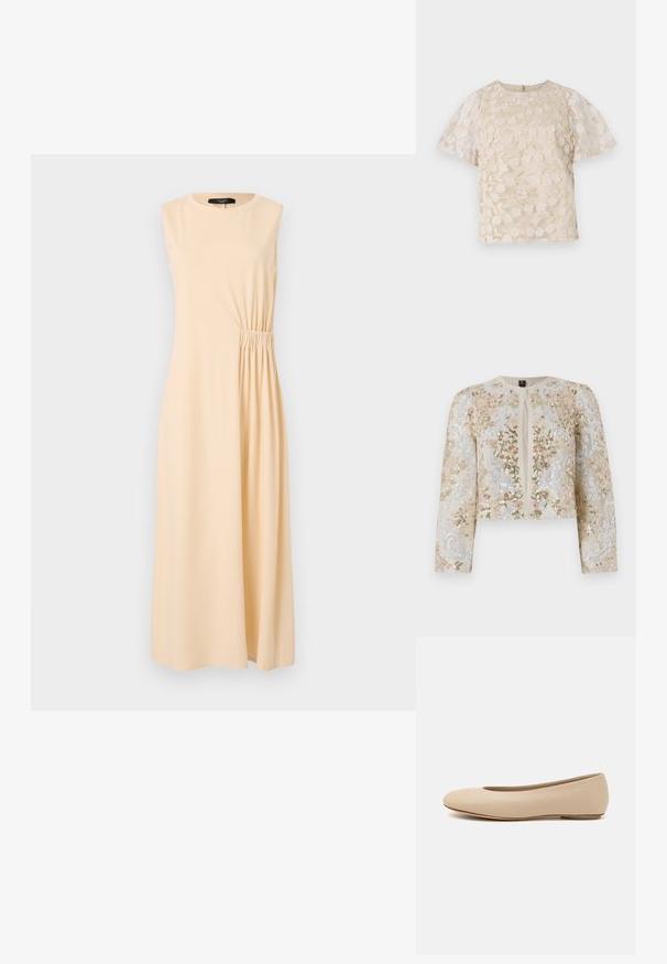 Veste courte brodée en beige avec des motifs floraux en rose, vert et bleu. Comprend des manches longues et un col rond.; Robe midi sans manches de couleur beige clair, avec un détail froncé sur le côté. Fabriquée en tissu doux, avec un col rond et une coupe décontractée.; Blouse beige avec broderie florale, manches bouffantes transparentes, encolure ronde et fermeture éclair au dos. Motif floral texturé sur le panneau avant.; Ballerines en cuir beige avec un bout arrondi, un minimum de coutures, un petit talon et un logo subtil à l'arrière. Texture lisse et mate.