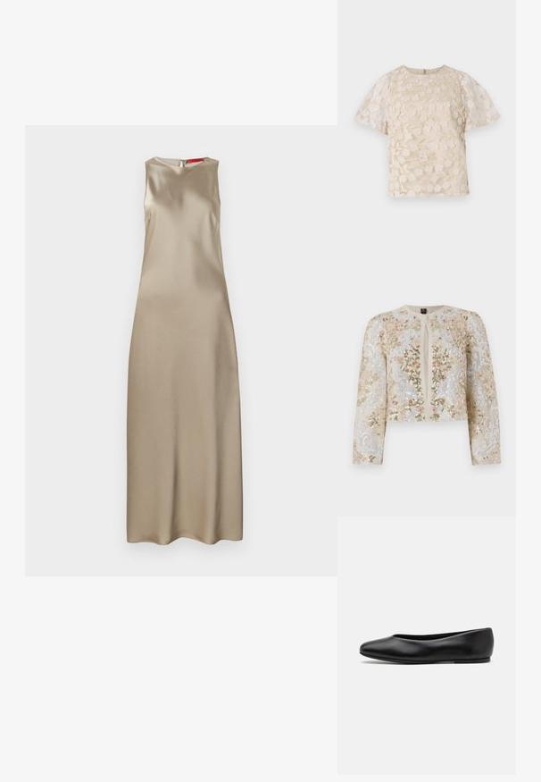 Bestickte, taillierte Jacke in Beige mit blühenden Motiven in Pink, Grün und Blau. Verfügt über lange Ärmel und einen runden Ausschnitt.; Ärmelloses Kleid aus beigem Satin mit rundem Ausschnitt, schlanker Silhouette und einem Rückenreißverschluss. Glatte Textur mit minimalen Details.; Beige Bluse mit floralem Stickmuster, durchsichtigen Puffärmel, Rundhalsausschnitt und Reißverschluss hinten. Texturiertes Blumenmuster auf der Vorderseite.; Paul Smith TOPANGA - Klassischer Ballerina - black