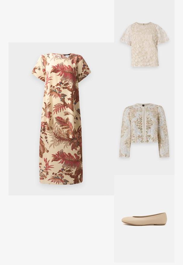 Jachetă scurtă brodată în bej, cu motive florale în roz, verde și albastru. Are mâneci lungi și decolteu rotund.; Rochie florală în bej cu modele botanice roșii și albastre; mâneci scurte, croială confortabilă, material moale, lungime până la genunchi, decolteu rotund.; Bluză bej cu broderie florală, mâneci puff transparent, guler rotund și închidere cu fermoar la spate. Model floral texturat pe panoul din față.; Balerini din piele bej, cu vârful rotund, detalii de cusătură minime, toc mic și un logo subtil pe partea din spate. Textură netedă, mată.