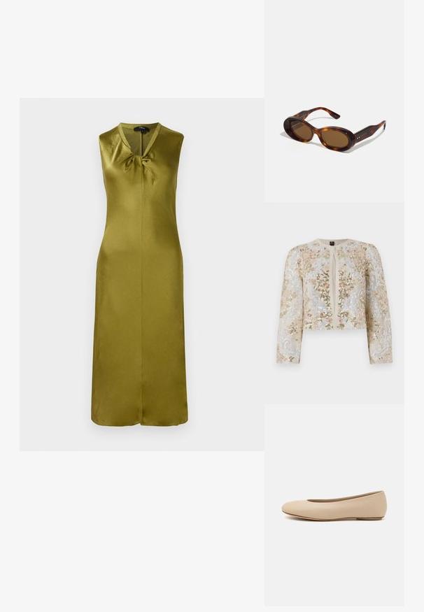 Beżowa haftowana kurtka o kroju crop z kwiatowymi motywami w kolorze różowym, zielonym i niebieskim. Posiada długie rękawy i okrągły dekolt.; Sukienka bez rękawów w oliwkowym kolorze, wykonana z gładkiego satynu, z dekoltem w kształcie V oraz przednim węzłem z centralnym szwem i prostym krojem.; Beżowe skórzane baleriny z zaokrąglonym noskiem, minimalnymi szwami, niskim obcasem oraz subtelnym logo z tyłu. Gładka, matowa tekstura.; Okulary przeciwsłoneczne w stylu żółwi, z owalnymi soczewkami, brązowym odcieniem i złotymi akcentami na ramionach. Grube oprawki o błyszczącej powierzchni i gładkiej fakturze.