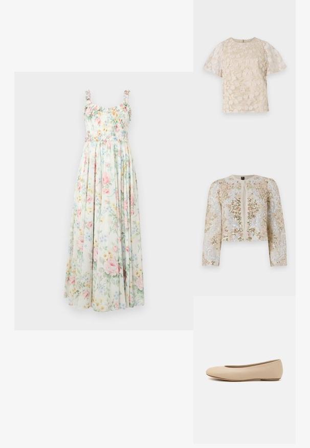Vyšívaná zkrácená bunda v béžové barvě s květinovými motivy v růžové, zelené a modré. Má dlouhé rukávy a kulatý výstřih.; Květinové maxi šaty se smockovaným korpusem, volánkovými ramínky a pastelovými růžovými a modrými květinovými vzory na světlém pozadí.; Beige blůza s květinovou výšivkou, průhlednými nadýchanými rukávy, kulatým výstřihem a zipovým uzávěrem na zádech. Texturovaný květinový vzor na předním panelu.; Béžové kožené baletní byty s kulatou špičkou, minimálním prošíváním, nízkým podpatkem a decentním logem na zadní straně. Hladký, matný povrch.