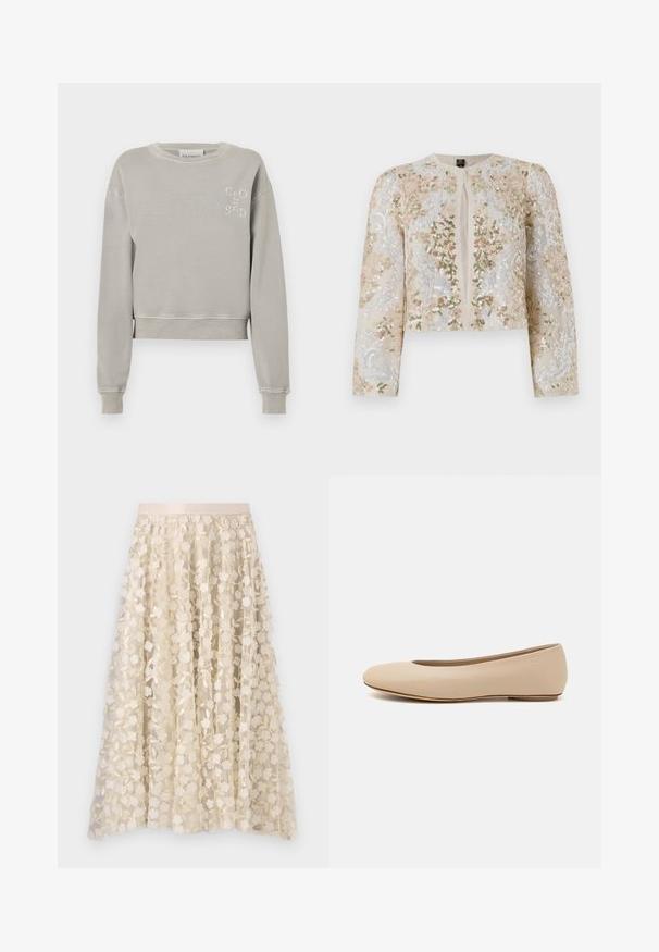 Jachetă scurtă brodată în bej, cu motive florale în roz, verde și albastru. Are mâneci lungi și decolteu rotund.; Sweatshirt scurt de culoare gri deschis, din bumbac moale, cu manșete ribbate, guler tip crew și logo-ul embosat "CLOSED" pe piept.; Broderie florală pe o fustă transparentă, de culoare crem, cu un brâu de satin. Designul include flori mici și delicate, precum și frunze.; Balerini din piele bej, cu vârful rotund, detalii de cusătură minime, toc mic și un logo subtil pe partea din spate. Textură netedă, mată.