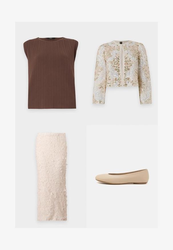 Bestickte, taillierte Jacke in Beige mit blühenden Motiven in Pink, Grün und Blau. Verfügt über lange Ärmel und einen runden Ausschnitt.; Braunes, geripptes, ärmelloses Top mit rundem Ausschnitt. Weiche Textur, gerader Schnitt und subtile vertikale Linien, die das Design des Stoffes betonen.; Cremefarbene Bleistiftskirt aus Spitze mit floralen Applikationen. Das Design ist tailliert und weist eine glatte Textur sowie detaillierte Verzierungen auf.; Beige Leder-Ballerina mit runder Zehenform, minimaler Nahtgestaltung, niedrigem Absatz und dezentem Logo auf der Rückseite. Glatte, matten Oberfläche.