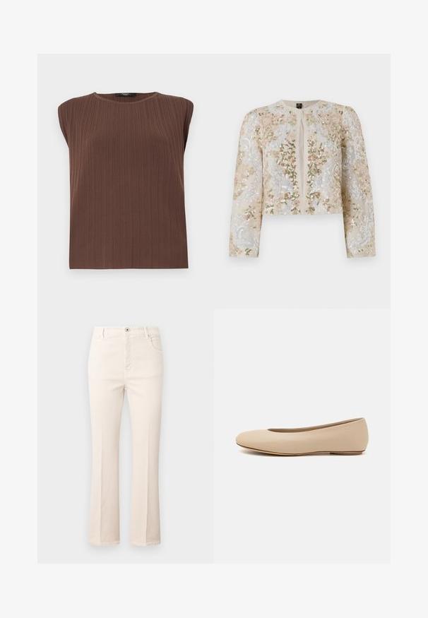 Beige geborduurd cropped jack met florale motieven in roze, groen en blauw. Heeft lange mouwen en een ronde halslijn.; Bruine geribde mouwloze top met een ronde halslijn. Zachte textuur, rechte snit en subtiele verticale lijnen die het ontwerp van de stof accentueren.; Beige flared jeans van katoen, met een hoge taille, vijf zakken, een knoopsluiting en subtiele stikseldetails.; Beige leren ballerina met een ronde neus, minimale naaidetailing, lage hak en subtiel logo op de achterkant. Gladde, matte textuur.