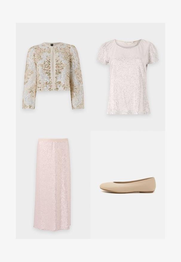 Bestickte, taillierte Jacke in Beige mit blühenden Motiven in Pink, Grün und Blau. Verfügt über lange Ärmel und einen runden Ausschnitt.; Kurzarmpullover in hellbeige mit strukturiertem Oberflächen, verziert mit Pailletten, runder Halsauschnitt und gerafften Ärmeln.; Rosa Paillettenrock mit einem glatten Bund, der eine strukturierte Oberfläche und ein knielanges A-Linien-Design aufweist. Reflektierende Pailletten erzeugen einen schimmernden Effekt.; Beige Leder-Ballerina mit runder Zehenform, minimaler Nahtgestaltung, niedrigem Absatz und dezentem Logo auf der Rückseite. Glatte, matten Oberfläche.