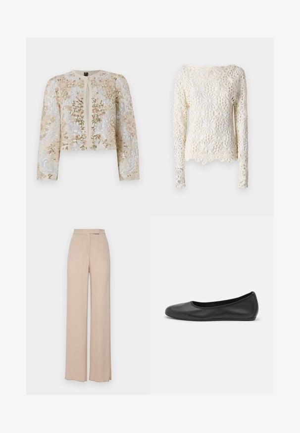 Hímesített, bézs színű, cropped dzseki rózsaszín, zöld és kék virágmotívumokkal. Hosszú ujjaival és kerek nyakkivágásával rendelkezik.; Norma Kamali Hosszú ujjú felső - cream; Beige, bő szárú nadrág könnyű anyagból. Simogatós textúrával, elülső zsebekkel és diszkrét derékpánt kialakítással rendelkezik.; Fekete bőr balettcipő lekerekített orral, sima tekstúrával, minimális varrással és rugalmas talp kialakítással.