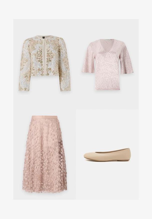 Broderad kort jacka i beige med blommönster i rosa, grönt och blått. Har långa ärmar och rund halsringning.; Rosa, kortärmad topp med V-ringning, med en texturerad yta och glittrande detaljer. Tyget har en metallisk, glänsande finish.; Spets-midi kjol i mjuk rosa med blommönsterbroderi, med en figursydd midja och lagerdesign som framhäver en delikat textur.; Beige läderballetskor med rund tå, minimal sömnadsdetaljering, låg klack och diskret logotyp på baksidan. Slät, matt yta.