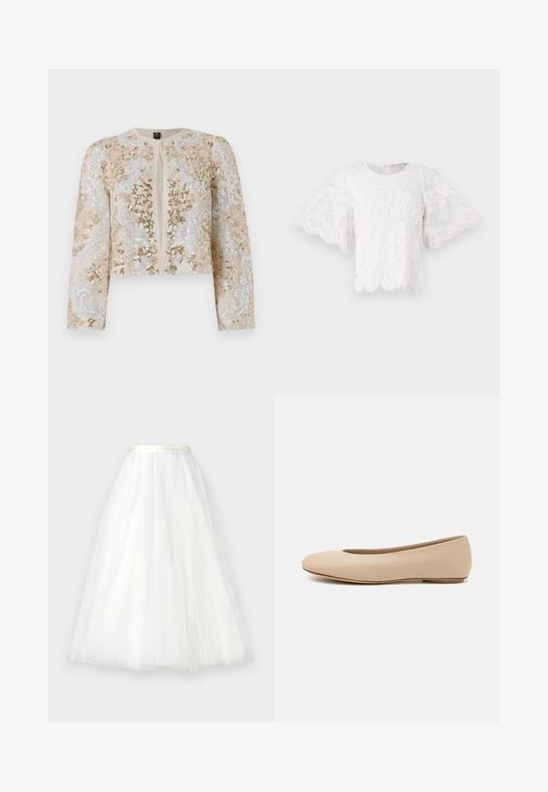 Veste courte brodée en beige avec des motifs floraux en rose, vert et bleu. Comprend des manches longues et un col rond.; Blouse en dentelle blanche avec des manches courtes évasées, un col rond et un ourlet à volants. De délicats motifs floraux sont visibles sur le tissu.; Ida Sjöstedt NOVA  - Jupe longue - ivory; Ballerines en cuir beige avec un bout arrondi, un minimum de coutures, un petit talon et un logo subtil à l'arrière. Texture lisse et mate.