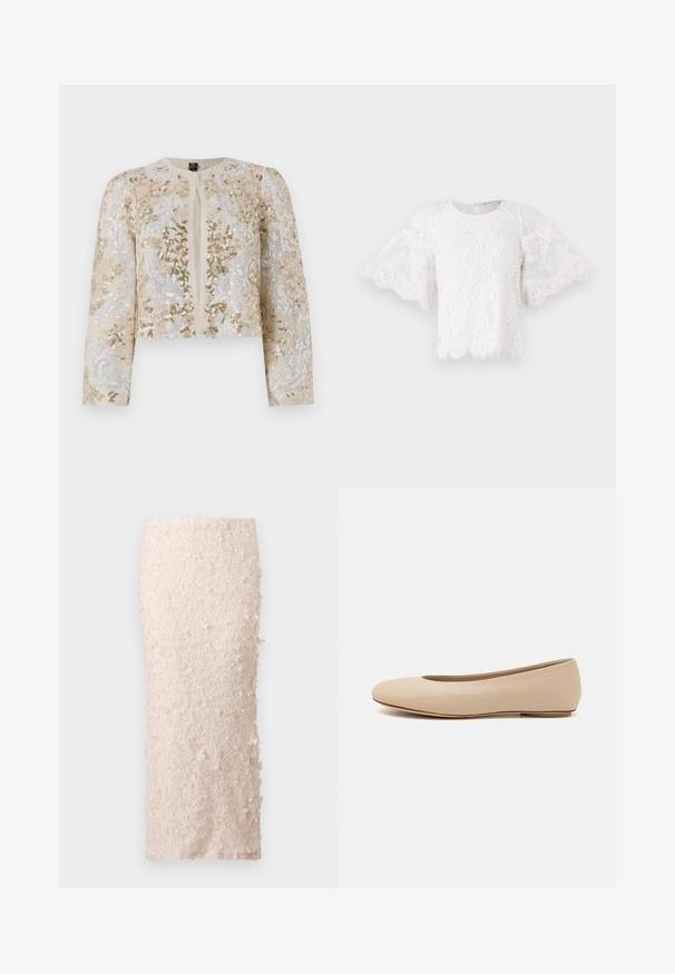 Bestickte, taillierte Jacke in Beige mit blühenden Motiven in Pink, Grün und Blau. Verfügt über lange Ärmel und einen runden Ausschnitt.; Weiße Spitze Bluse mit kurzen, ausgestellt geschnittenen Ärmeln, rundem Ausschnitt und welligem Saum. Dezente Blumenmuster sind auf dem Stoff sichtbar.; Cremefarbene Bleistiftskirt aus Spitze mit floralen Applikationen. Das Design ist tailliert und weist eine glatte Textur sowie detaillierte Verzierungen auf.; Beige Leder-Ballerina mit runder Zehenform, minimaler Nahtgestaltung, niedrigem Absatz und dezentem Logo auf der Rückseite. Glatte, matten Oberfläche.