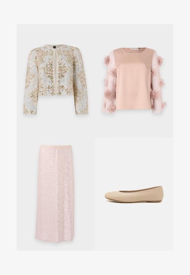 Bestickte, taillierte Jacke in Beige mit blühenden Motiven in Pink, Grün und Blau. Verfügt über lange Ärmel und einen runden Ausschnitt.; Helles rosa Oberteil mit einem einfarbigen Satin-Oberkörper. Durchsichtige Ärmel mit verstreuten Stoffblumen sorgen für Textur und Detail. Rundhalsausschnitt.; Rosa Paillettenrock mit einem glatten Bund, der eine strukturierte Oberfläche und ein knielanges A-Linien-Design aufweist. Reflektierende Pailletten erzeugen einen schimmernden Effekt.; Beige Leder-Ballerina mit runder Zehenform, minimaler Nahtgestaltung, niedrigem Absatz und dezentem Logo auf der Rückseite. Glatte, matten Oberfläche.