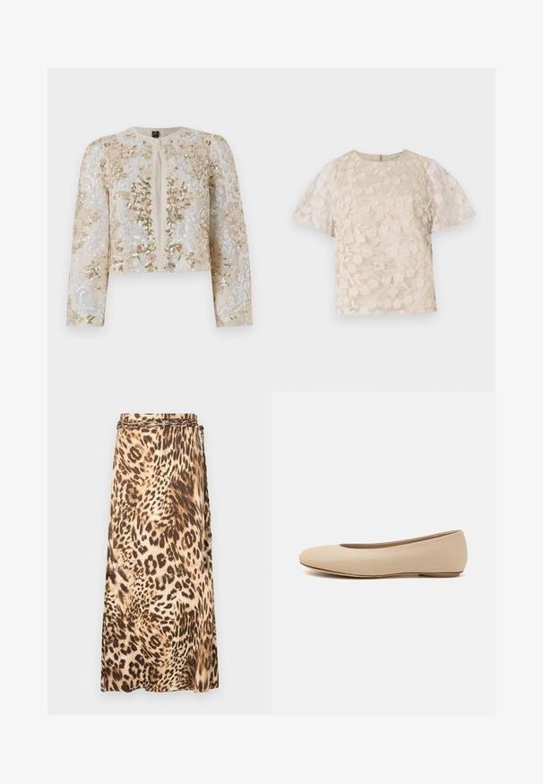 Izšūta īsā jakas stila virsjaka bēšā krāsā ar ziedu motīviem rozā, zaļā un zilā krāsā. Iespējami gari piedurknes un apaļa kakla izgriezums.; Bežīga blūze ar ziedu izšuvumu, caurspīdīgām pūkainām piedurknēm, apaļu dekoltē un aizmugurē esošu rāvējslēdzēju. Strukturēts ziedu raksts uz priekšējā paneļa.; Leoparda raksta, plūstoša maxi svārku kleita bēša un brūna toņos ar pītā jostas detaļu. Gluda uzbūve ar krītošu siluetu.; Bežs ādas deju zābaciņš ar noapaļu purngalu, minimālu šuvju detaļām, zemu papēdi un diskrētu logotipu aizmugurē. Gluda, matēta tekstūra.