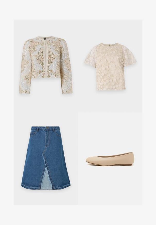 Veste courte brodée en beige avec des motifs floraux en rose, vert et bleu. Comprend des manches longues et un col rond.; Blouse beige avec broderie florale, manches bouffantes transparentes, encolure ronde et fermeture éclair au dos. Motif floral texturé sur le panneau avant.; Jupe en denim bleu avec une forme évasée, présentant une fente à l'avant et un ourlet effiloché. Design classique à cinq poches et fermeture à bouton métal.; Ballerines en cuir beige avec un bout arrondi, un minimum de coutures, un petit talon et un logo subtil à l'arrière. Texture lisse et mate.