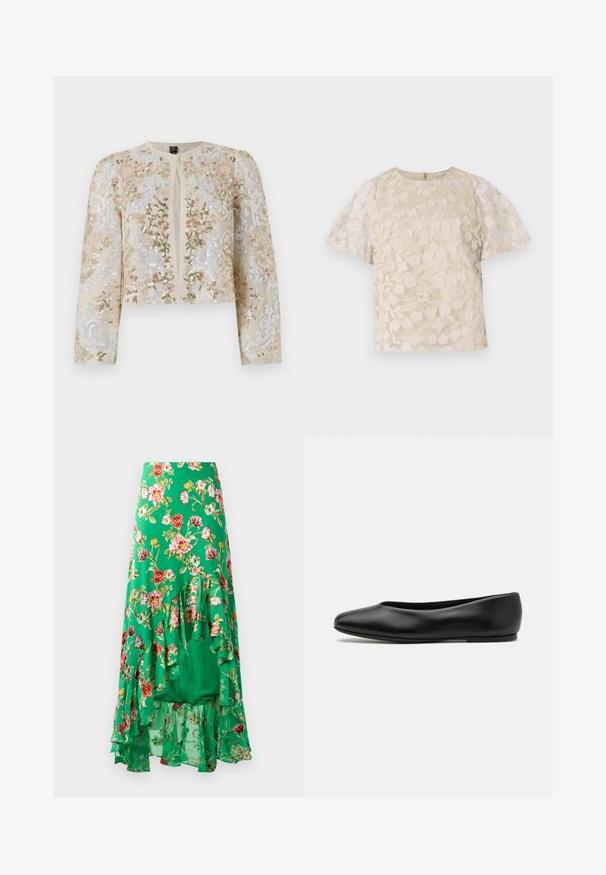 Beige geborduurd cropped jack met florale motieven in roze, groen en blauw. Heeft lange mouwen en een ronde halslijn.; Beige blouse met bloem borduursels, doorschijnende pofmouwen, ronde halslijn en rits op de rug. Getextureerd bloemmotief op het voorpaneel.; Bloemen maxi rok gemaakt van lichtgewicht stof, met een groene achtergrond en verschillende gekleurde bloemen, en gelaagde rimpeldetails aan de zoom.; Paul Smith TOPANGA - Ballerina's - black