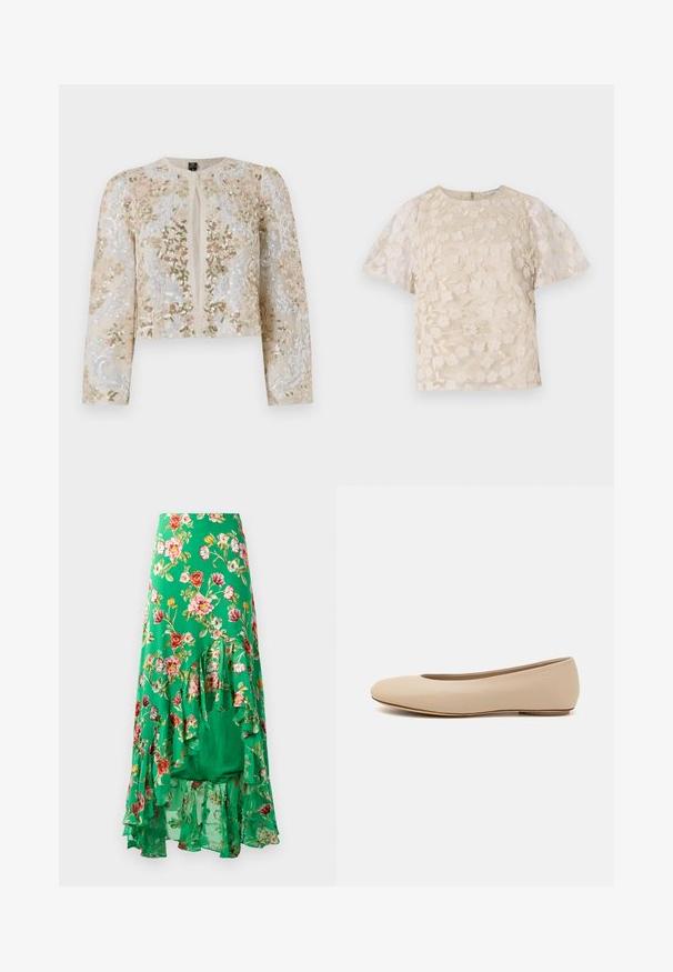 Embroidered cropped jacket in beige with floral motifs in pink, green, and blue. Features long sleeves and a round neckline.; Beige blouse with floral embroidery, sheer puff sleeves, round neckline, and back zipper closure. Textured floral pattern on front panel.; Floral maxi skirt made of lightweight fabric, featuring a green background with various colored flowers, and layered ruffle details at the hem.; Beige leather ballet flat with rounded toe, minimal seam detailing, low heel, and subtle logo on the back. Smooth, matte texture.