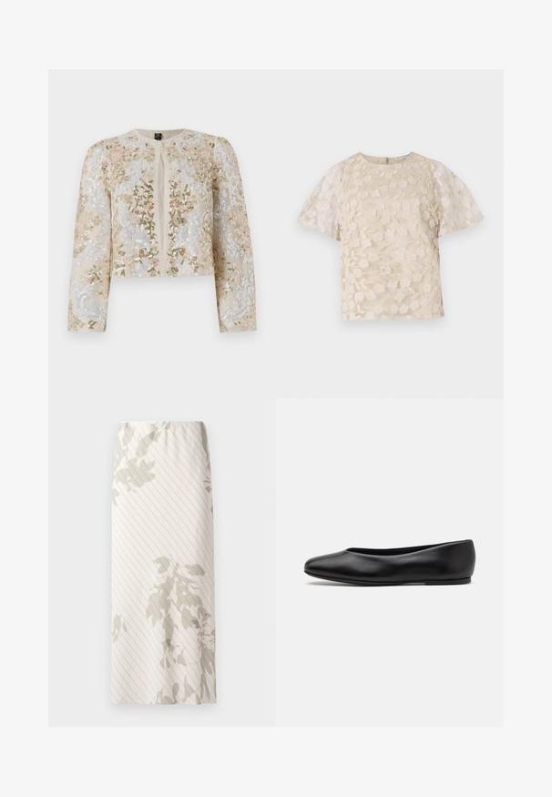 Vyšívaná zkrácená bunda v béžové barvě s květinovými motivy v růžové, zelené a modré. Má dlouhé rukávy a kulatý výstřih.; Beige blůza s květinovou výšivkou, průhlednými nadýchanými rukávy, kulatým výstřihem a zipovým uzávěrem na zádech. Texturovaný květinový vzor na předním panelu.; Bílá sukně s úzkým pruhovaným vzorem a světle šedými květinovými motivy. Elastický pas pro pohodlné nošení.; Paul Smith TOPANGA - Klasické baleríny - black