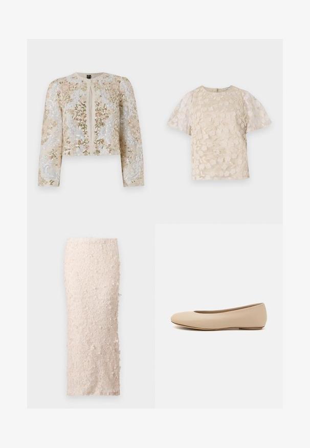 Hímesített, bézs színű, cropped dzseki rózsaszín, zöld és kék virágmotívumokkal. Hosszú ujjaival és kerek nyakkivágásával rendelkezik.; Beige blúz virágos hímzéssel, áttetsző puffos ujjakkal, kerek nyakkivágással és hátsó cipzáras zárással. Textúrált virágmintázat az elülső panelen.; Krém színű, csipkéből készült ceruzaszoknya, virágmintás applikációkkal. A dizájn testhez simuló, sima textúrával és részletes díszítésekkel rendelkezik.; Beige bőr balettcipő lekerekített orral, minimális varrás részletekkel, alacsony sarkú és diszkrét logóval a hátsó részen. Simább, matt textúrájú.