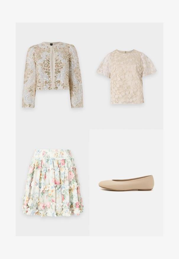 Beige cropattu takki, jossa on pinkkejä, vihreitä ja sinisiä kukkakuvioita. Varustettu pitkillä hihoilla ja pyöreällä kaula-aukolla.; Beige paita, jossa on kukkakirjonta, läpikuultavat puffihihat, pyöreä pääntie ja takana vetoketjusulku. Teksturoitu kukkakuvio etupaneelissa.; Kukkakuvioinen kerroksellinen hame, jossa on kermavalkoinen tausta ja pastellin vaaleanpunaisia, sinisiä ja vihreitä kukkia. Joustava vyötärö ja röyhelökoristeet.; Beige nahkara ballet flat dengan ujung bulat, detail jahitan minimal, hak rendah, dan logo halus di bagian belakang. Tekstur halus dan matte.