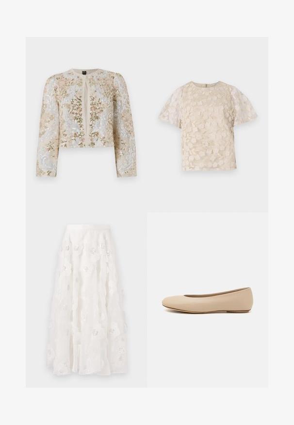 Giacca cropped ricamata in beige con motivi floreali in rosa, verde e blu. Presenta maniche lunghe e scollo rotondo.; Blusa beige con ricami floreali, maniche a sbuffo trasparenti, scollatura tonda e chiusura con cerniera sul retro. Motivo floreale testurizzato sul pannello anteriore.; Gonna bianca alla lunghezza del ginocchio con ricami floreali e paillettes argentate. Tessuto leggero e morbido con strati arricciati e vita aderente.; Ballerine in pelle beige con punta arrotondata, dettagli di cucitura minimi, tacco basso e logo discreto sul retro. Texture liscia e opaca.