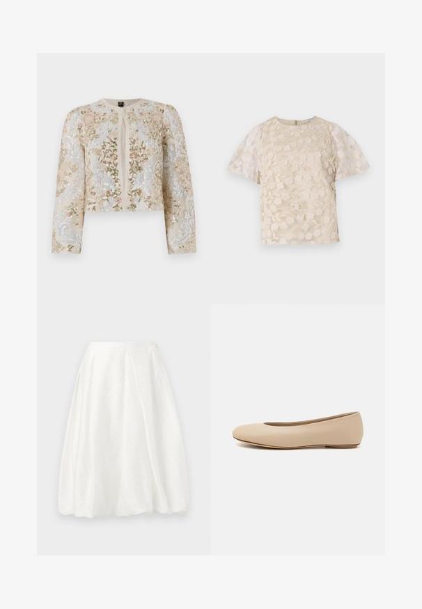Vyvŕtaná skrátená bunda béžovej farby s kvetinovými motívmi v ružovej, zelenej a modrej. Má dlhé rukávy a okrúhly výstrih.; Béžová blúzka s kvetinovou výšivkou, priesvitnými balónovými rukávmi, okrúhlym výstrihom a zadným zipsom. Textúrovaný kvetinový vzor na prednom panely.; Biela sukňa po kolená s textúrovanou látkou, s vysokým pásom a rozšíreným dizajnom pre objemový efekt.; Béžové kožené baleríny s okrúhlym prstom, minimálnym švom, nízkym podpätkom a diskrétnym logom na zadnej strane. Hladká, matná textura.