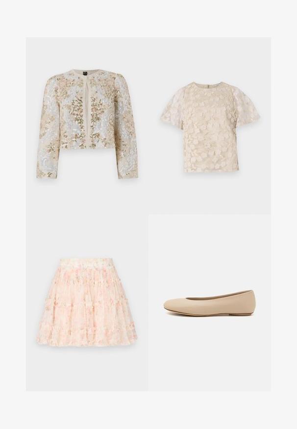 Beige geborduurd cropped jack met florale motieven in roze, groen en blauw. Heeft lange mouwen en een ronde halslijn.; Beige blouse met bloem borduursels, doorschijnende pofmouwen, ronde halslijn en rits op de rug. Getextureerd bloemmotief op het voorpaneel.; Needle & Thread DITSY SMOCKED MICRO MINI SKIRT - Minirok - moonshine pink; Beige leren ballerina met een ronde neus, minimale naaidetailing, lage hak en subtiel logo op de achterkant. Gladde, matte textuur.