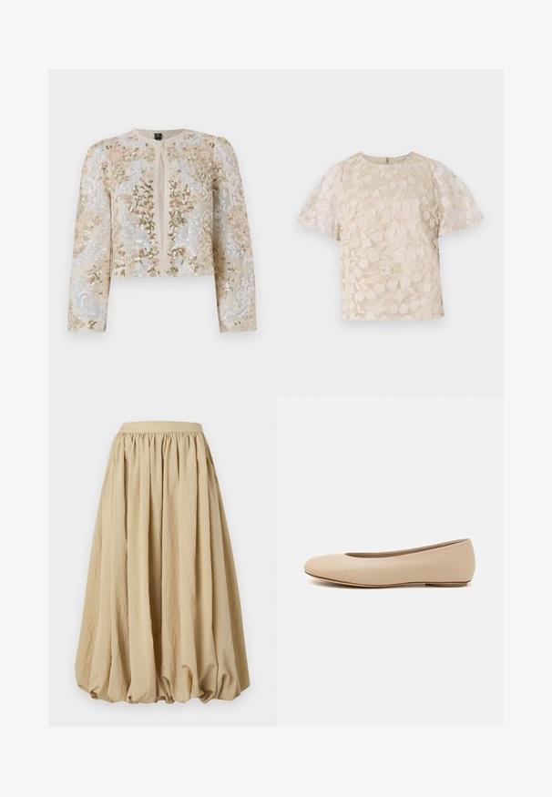 Embroidered cropped jacket in beige with floral motifs in pink, green, and blue. Features long sleeves and a round neckline.; Beige blouse with floral embroidery, sheer puff sleeves, round neckline, and back zipper closure. Textured floral pattern on front panel.; Beige midi skirt with gathered waistband, flowing fabric, and voluminous shape, featuring a textured surface and subtle crease details.; Beige leather ballet flat with rounded toe, minimal seam detailing, low heel, and subtle logo on the back. Smooth, matte texture.