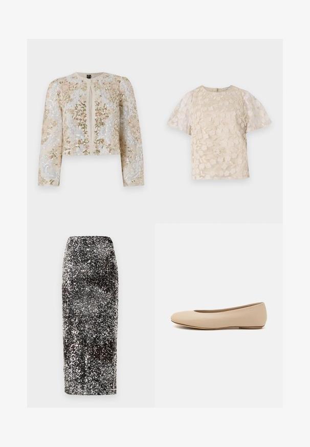 Beżowa haftowana kurtka o kroju crop z kwiatowymi motywami w kolorze różowym, zielonym i niebieskim. Posiada długie rękawy i okrągły dekolt.; Beżowa bluzka z kwiecistym haftem, przezroczystymi bufiastymi rękawami, okrągłym dekoltem i zamkiem błyskawicznym z tyłu. Teksturowany kwiatowy wzór na przednim panelu.; Ołówkowa spódnica cekinowa o smukłym, dopasowanym kroju. Posiada czarne i srebrne cekiny, które tworzą efekt błyszczenia.; Beżowe skórzane baleriny z zaokrąglonym noskiem, minimalnymi szwami, niskim obcasem oraz subtelnym logo z tyłu. Gładka, matowa tekstura.