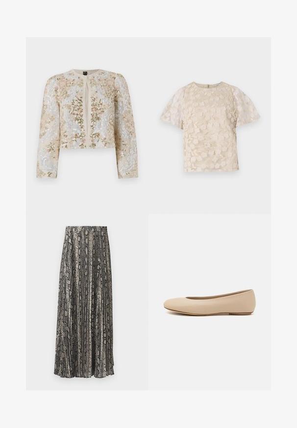Bestickte, taillierte Jacke in Beige mit blühenden Motiven in Pink, Grün und Blau. Verfügt über lange Ärmel und einen runden Ausschnitt.; Beige Bluse mit floralem Stickmuster, durchsichtigen Puffärmel, Rundhalsausschnitt und Reißverschluss hinten. Texturiertes Blumenmuster auf der Vorderseite.; Faltenrock in Midi-Länge mit Schlangenprint-Muster, in Grautönen, Schwarz und Beige. Hergestellt aus leichtem Stoff mit elastischem Bund.; Beige Leder-Ballerina mit runder Zehenform, minimaler Nahtgestaltung, niedrigem Absatz und dezentem Logo auf der Rückseite. Glatte, matten Oberfläche.