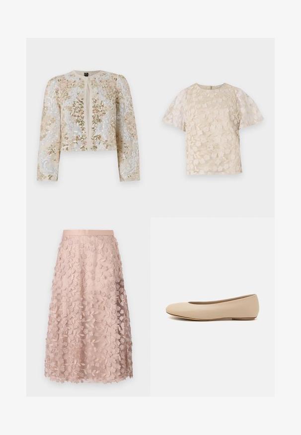 Hímesített, bézs színű, cropped dzseki rózsaszín, zöld és kék virágmotívumokkal. Hosszú ujjaival és kerek nyakkivágásával rendelkezik.; Beige blúz virágos hímzéssel, áttetsző puffos ujjakkal, kerek nyakkivágással és hátsó cipzáras zárással. Textúrált virágmintázat az elülső panelen.; Csipkés midi szoknya puha rózsaszínben, virágmintás hímzéssel, illeszkedő derékkal és réteges kialakítással, kiemelve a finom textúrát.; Beige bőr balettcipő lekerekített orral, minimális varrás részletekkel, alacsony sarkú és diszkrét logóval a hátsó részen. Simább, matt textúrájú.