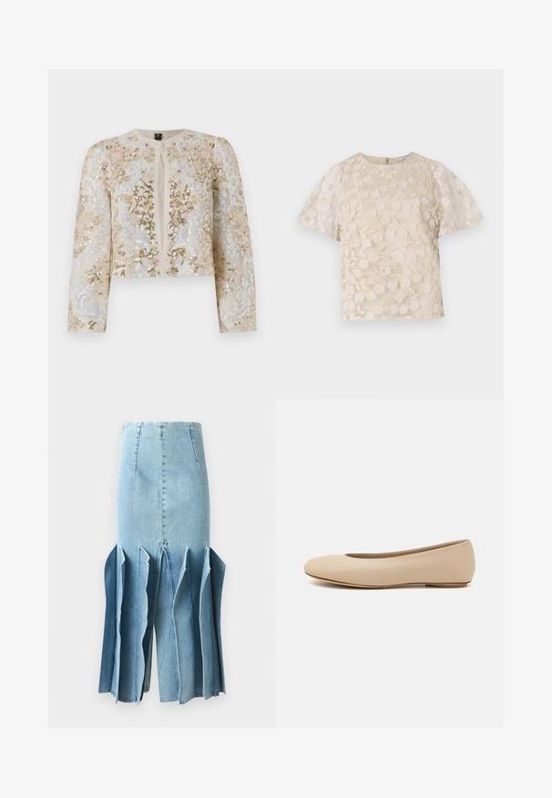 Beige värviga tikandiga lühike jak, millel on roosa, rohelise ja sinise lillemustrid. Omab pikki varrukaid ja ümmargust kaelust.; Beez pluus lilleline tikand, läbipaistvad puffvarrukad, ümmargune kaelus ja tagumine lukuga sulgemine. Tekstureeritud lillemustriga esitahvel.; Heled sinine teksaseelik flared disainiga, millel on sakilised ääred ja vertikaalsed õmblused. Tekstuur on sile ning nähtavad õmblusidetailid.; Beeži nahk balletitossud ümarate varvastega, minimaalse õmbluse detailiga, madala kanna ja diskreetse logoga taga. Sile, mati tekstuur.