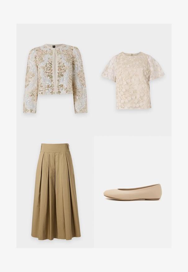 Broderad kort jacka i beige med blommönster i rosa, grönt och blått. Har långa ärmar och rund halsringning.; Beige blus med blommönster broderat, genomskinliga puffärmar, rund halsringning och dragkedja i ryggen. Texturerat blommönster på frampanelen.; Khaki plisserad kjol med hög midja, tillverkad av bomull. Har en sval design och fållarna avslutas med subtila sömnadsdetaljer.; Beige läderballetskor med rund tå, minimal sömnadsdetaljering, låg klack och diskret logotyp på baksidan. Slät, matt yta.