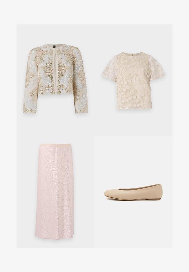 Hímesített, bézs színű, cropped dzseki rózsaszín, zöld és kék virágmotívumokkal. Hosszú ujjaival és kerek nyakkivágásával rendelkezik.; Beige blúz virágos hímzéssel, áttetsző puffos ujjakkal, kerek nyakkivágással és hátsó cipzáras zárással. Textúrált virágmintázat az elülső panelen.; Rózsaszín flitterezett szoknya sima derékrésszel, textúrált felülettel és térd hosszúságú A-vonalú fazonnal. Fényvisszaverő flitterek csillogó hatást keltenek.; Beige bőr balettcipő lekerekített orral, minimális varrás részletekkel, alacsony sarkú és diszkrét logóval a hátsó részen. Simább, matt textúrájú.