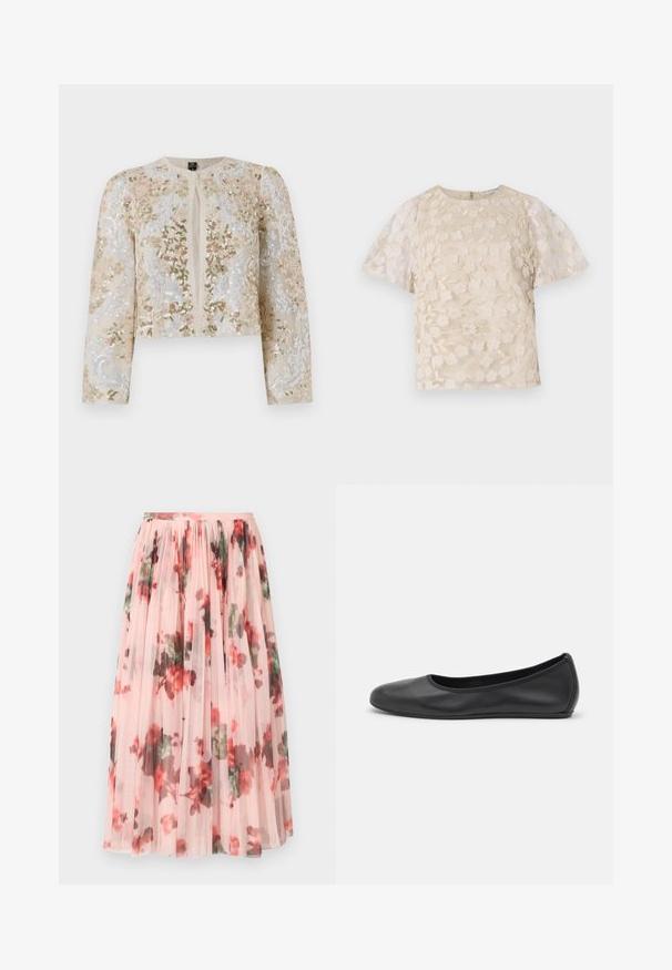 Beige värviga tikandiga lühike jak, millel on roosa, rohelise ja sinise lillemustrid. Omab pikki varrukaid ja ümmargust kaelust.; Beez pluus lilleline tikand, läbipaistvad puffvarrukad, ümmargune kaelus ja tagumine lukuga sulgemine. Tekstureeritud lillemustriga esitahvel.; Tüllseelik pehme roosa alusega, millel on punase ja rohelise lillemuster. Kangas on läbipaistev ning kannab kummist volangpleite vöökoht. ; Musthave mustika tantsutossud mustast nahast, ümmarguse varbaga, siledast tekstuurist, minimaalse õmblusdetailiga ja paindliku tallakujundusega.