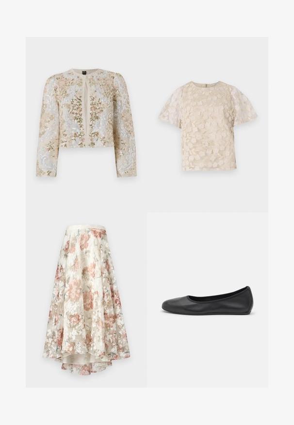Beige geborduurd cropped jack met florale motieven in roze, groen en blauw. Heeft lange mouwen en een ronde halslijn.; Beige blouse met bloem borduursels, doorschijnende pofmouwen, ronde halslijn en rits op de rug. Getextureerd bloemmotief op het voorpaneel.; Bloemen midi rok van doorzichtig materiaal, met een high-low zoom, versierd met pastelgetinte bloemen in roze, wit en groen op een crèmekleurige achtergrond.; Zwarte leren ballerina met een ronde neus, gladde textuur, minimale stikdetails en een flexibele zoolontwerp.