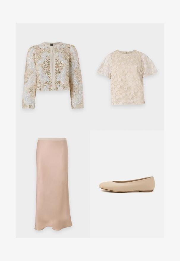 Bestickte, taillierte Jacke in Beige mit blühenden Motiven in Pink, Grün und Blau. Verfügt über lange Ärmel und einen runden Ausschnitt.; Beige Bluse mit floralem Stickmuster, durchsichtigen Puffärmel, Rundhalsausschnitt und Reißverschluss hinten. Texturiertes Blumenmuster auf der Vorderseite.; Satin-Midikleid in hellem Beige mit glatter Textur. Besitzt einen eng anliegenden Bund und eine subtile A-Linienform, die am Saum sanft ausläuft.; Beige Leder-Ballerina mit runder Zehenform, minimaler Nahtgestaltung, niedrigem Absatz und dezentem Logo auf der Rückseite. Glatte, matten Oberfläche.