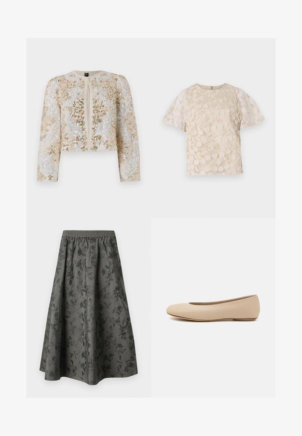 Embroidered cropped jacket in beige with floral motifs in pink, green, and blue. Features long sleeves and a round neckline.; Beige blouse with floral embroidery, sheer puff sleeves, round neckline, and back zipper closure. Textured floral pattern on front panel.; Dark gray midi skirt with an elastic waistband, featuring an embossed floral pattern throughout for added texture and visual interest.; Beige leather ballet flat with rounded toe, minimal seam detailing, low heel, and subtle logo on the back. Smooth, matte texture.