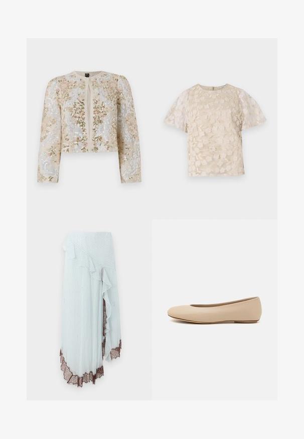 Hímesített, bézs színű, cropped dzseki rózsaszín, zöld és kék virágmotívumokkal. Hosszú ujjaival és kerek nyakkivágásával rendelkezik.; Beige blúz virágos hímzéssel, áttetsző puffos ujjakkal, kerek nyakkivágással és hátsó cipzáras zárással. Textúrált virágmintázat az elülső panelen.; Világoskék, függőleges fehér csíkkal ellátott rakott szoknya, fodros széllel és bonyolult barna csipkeblekkel a halszélen.; Beige bőr balettcipő lekerekített orral, minimális varrás részletekkel, alacsony sarkú és diszkrét logóval a hátsó részen. Simább, matt textúrájú.