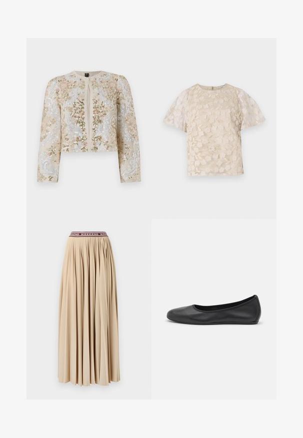 Veste courte brodée en beige avec des motifs floraux en rose, vert et bleu. Comprend des manches longues et un col rond.; Blouse beige avec broderie florale, manches bouffantes transparentes, encolure ronde et fermeture éclair au dos. Motif floral texturé sur le panneau avant.; Jupe maxi plissée en doux tissu beige, avec une taille élastique bordeaux affichant le mot "WEEKEND" répété. Aucune fermeture visible.; Ballerines en cuir noir avec un bout rond, texture lisse, détails de couture minimalistes et design de semelle flexible.