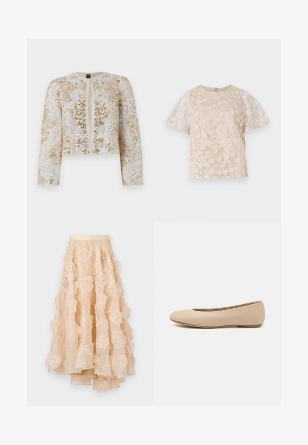 Broderad kort jacka i beige med blommönster i rosa, grönt och blått. Har långa ärmar och rund halsringning.; Beige blus med blommönster broderat, genomskinliga puffärmar, rund halsringning och dragkedja i ryggen. Texturerat blommönster på frampanelen.; Beige tullkjol med lager av blommig broderi, dekorerad med paljetter och en figurnära midja, med en svävande fåll.; Beige läderballetskor med rund tå, minimal sömnadsdetaljering, låg klack och diskret logotyp på baksidan. Slät, matt yta.