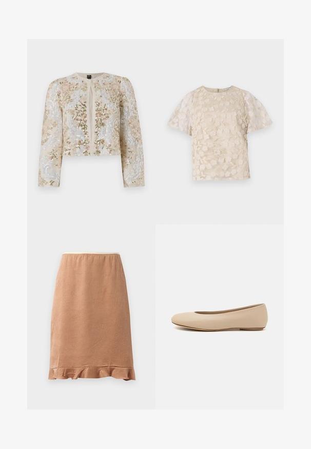 Bestickte, taillierte Jacke in Beige mit blühenden Motiven in Pink, Grün und Blau. Verfügt über lange Ärmel und einen runden Ausschnitt.; Beige Bluse mit floralem Stickmuster, durchsichtigen Puffärmel, Rundhalsausschnitt und Reißverschluss hinten. Texturiertes Blumenmuster auf der Vorderseite.; Brauner strukturierter Rock mit einem Rüschensaum, aus einem weichen Stoff, der leicht fällt, und mit einem elastischen Bund für zusätzlichen Komfort entworfen.; Beige Leder-Ballerina mit runder Zehenform, minimaler Nahtgestaltung, niedrigem Absatz und dezentem Logo auf der Rückseite. Glatte, matten Oberfläche.