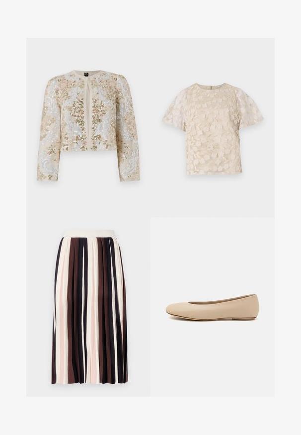 Veste courte brodée en beige avec des motifs floraux en rose, vert et bleu. Comprend des manches longues et un col rond.; Blouse beige avec broderie florale, manches bouffantes transparentes, encolure ronde et fermeture éclair au dos. Motif floral texturé sur le panneau avant.; Jupe plissée à rayures verticales dans des nuances de marron foncé, rose clair et crème, avec une taille ajustée et un tissu doux et texturé.; Ballerines en cuir beige avec un bout arrondi, un minimum de coutures, un petit talon et un logo subtil à l'arrière. Texture lisse et mate.
