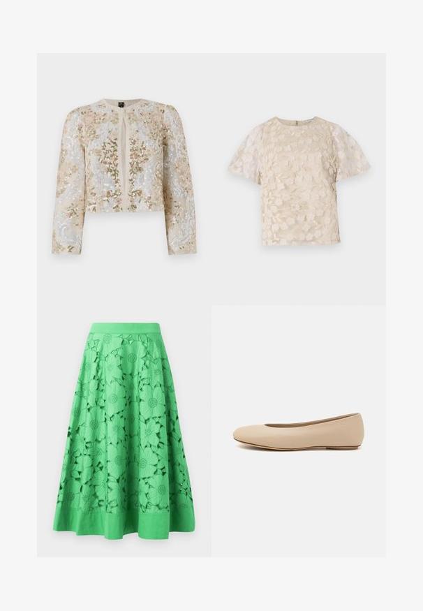 Vyšívaná zkrácená bunda v béžové barvě s květinovými motivy v růžové, zelené a modré. Má dlouhé rukávy a kulatý výstřih.; Beige blůza s květinovou výšivkou, průhlednými nadýchanými rukávy, kulatým výstřihem a zipovým uzávěrem na zádech. Texturovaný květinový vzor na předním panelu.; Zelená sukně s květinovými výřezy, hladkým povrchem a přiléhavým pasem. Lem je jednobarevný a mírně rozšířený.; Béžové kožené baletní byty s kulatou špičkou, minimálním prošíváním, nízkým podpatkem a decentním logem na zadní straně. Hladký, matný povrch.