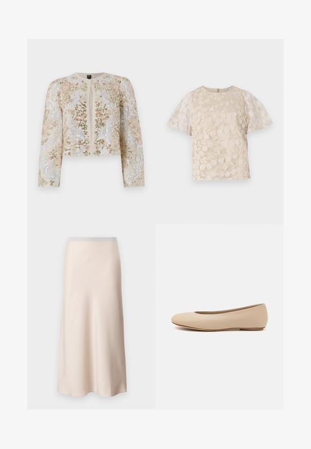 Giacca cropped ricamata in beige con motivi floreali in rosa, verde e blu. Presenta maniche lunghe e scollo rotondo.; Blusa beige con ricami floreali, maniche a sbuffo trasparenti, scollatura tonda e chiusura con cerniera sul retro. Motivo floreale testurizzato sul pannello anteriore.; Gonna midi beige pallido con una finitura liscia e simile alla seta e una cintura elastica grigia chiara. Design svasato che si restringe verso l'orlo.; Ballerine in pelle beige con punta arrotondata, dettagli di cucitura minimi, tacco basso e logo discreto sul retro. Texture liscia e opaca.