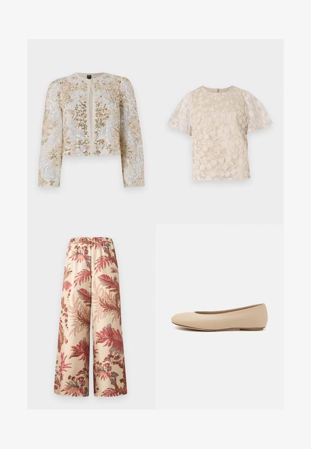 Beige geborduurd cropped jack met florale motieven in roze, groen en blauw. Heeft lange mouwen en een ronde halslijn.; Beige blouse met bloem borduursels, doorschijnende pofmouwen, ronde halslijn en rits op de rug. Getextureerd bloemmotief op het voorpaneel.; Wijde broek in een lichtbeige stof, met een bloemenpatroon in roze, rood en blauwe tinten, voorzien van een elastische tailleband.; Beige leren ballerina met een ronde neus, minimale naaidetailing, lage hak en subtiel logo op de achterkant. Gladde, matte textuur.