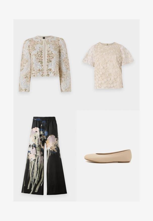 Veste courte brodée en beige avec des motifs floraux en rose, vert et bleu. Comprend des manches longues et un col rond.; Blouse beige avec broderie florale, manches bouffantes transparentes, encolure ronde et fermeture éclair au dos. Motif floral texturé sur le panneau avant.; Pantalons larges en tissu noir avec un imprimé floral aquarelle dans des tons de rose, bleu et vert ; ceinture élastique pour plus de confort.; Ballerines en cuir beige avec un bout arrondi, un minimum de coutures, un petit talon et un logo subtil à l'arrière. Texture lisse et mate.
