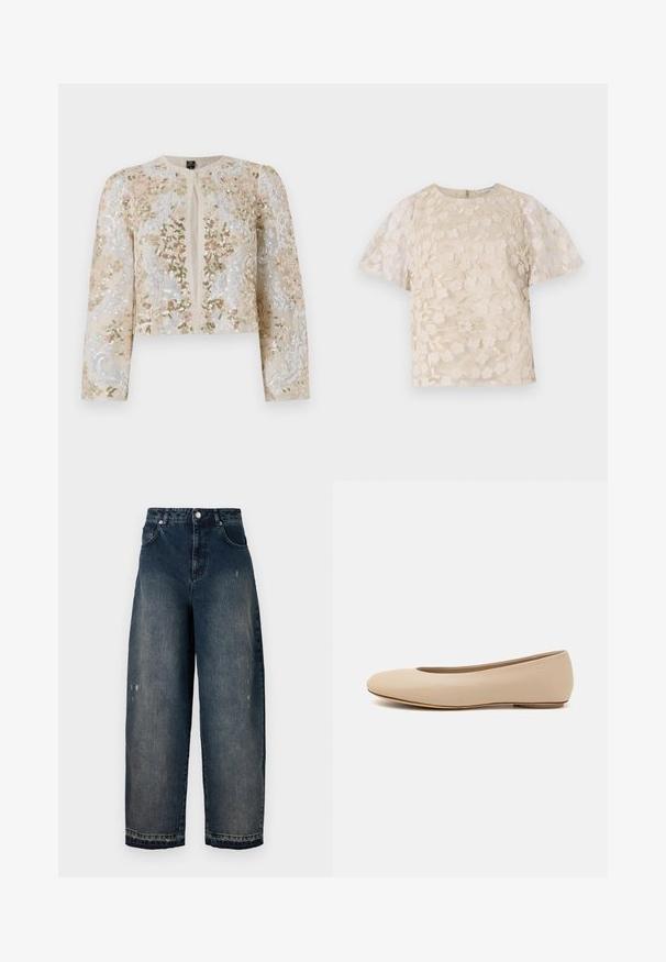 Vyšívaná zkrácená bunda v béžové barvě s květinovými motivy v růžové, zelené a modré. Má dlouhé rukávy a kulatý výstřih.; Beige blůza s květinovou výšivkou, průhlednými nadýchanými rukávy, kulatým výstřihem a zipovým uzávěrem na zádech. Texturovaný květinový vzor na předním panelu.; Tmavé denim široké kalhoty s vysokým pasem, pěti kapsami, viditelným šitím a mírným opotřebením na přední straně. Klasické zapínání na knoflík a zip.; Béžové kožené baletní byty s kulatou špičkou, minimálním prošíváním, nízkým podpatkem a decentním logem na zadní straně. Hladký, matný povrch.