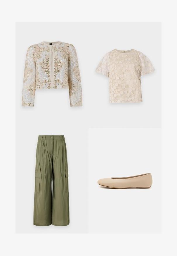 Bestickte, taillierte Jacke in Beige mit blühenden Motiven in Pink, Grün und Blau. Verfügt über lange Ärmel und einen runden Ausschnitt.; Beige Bluse mit floralem Stickmuster, durchsichtigen Puffärmel, Rundhalsausschnitt und Reißverschluss hinten. Texturiertes Blumenmuster auf der Vorderseite.; Olivengrüne weite Cargo-Hosen mit Vorderfalten, Seitentaschen und Knopfverschluss. Glatte Textur, leichtes Material.; Beige Leder-Ballerina mit runder Zehenform, minimaler Nahtgestaltung, niedrigem Absatz und dezentem Logo auf der Rückseite. Glatte, matten Oberfläche.