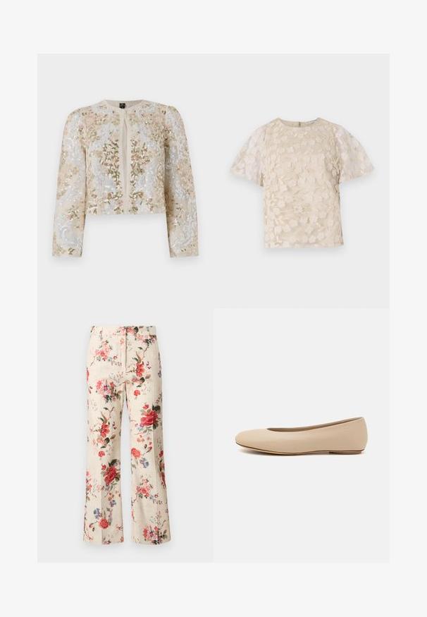 Jachetă scurtă brodată în bej, cu motive florale în roz, verde și albastru. Are mâneci lungi și decolteu rotund.; Bluză bej cu broderie florală, mâneci puff transparent, guler rotund și închidere cu fermoar la spate. Model floral texturat pe panoul din față.; WEEKEND MaxMara CADMIO - Pantaloni - ivory; Balerini din piele bej, cu vârful rotund, detalii de cusătură minime, toc mic și un logo subtil pe partea din spate. Textură netedă, mată.