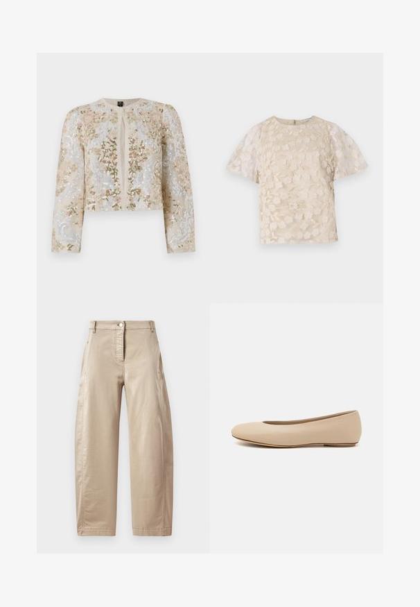 Vyvŕtaná skrátená bunda béžovej farby s kvetinovými motívmi v ružovej, zelenej a modrej. Má dlhé rukávy a okrúhly výstrih.; Béžová blúzka s kvetinovou výšivkou, priesvitnými balónovými rukávmi, okrúhlym výstrihom a zadným zipsom. Textúrovaný kvetinový vzor na prednom panely.; Béžové široké nohavice vyrobené z hladkej zmesi bavlny, so zapínaním na prednej strane, bočnými vreckami a viditeľnými švovými detailmi.; Béžové kožené baleríny s okrúhlym prstom, minimálnym švom, nízkym podpätkom a diskrétnym logom na zadnej strane. Hladká, matná textura.