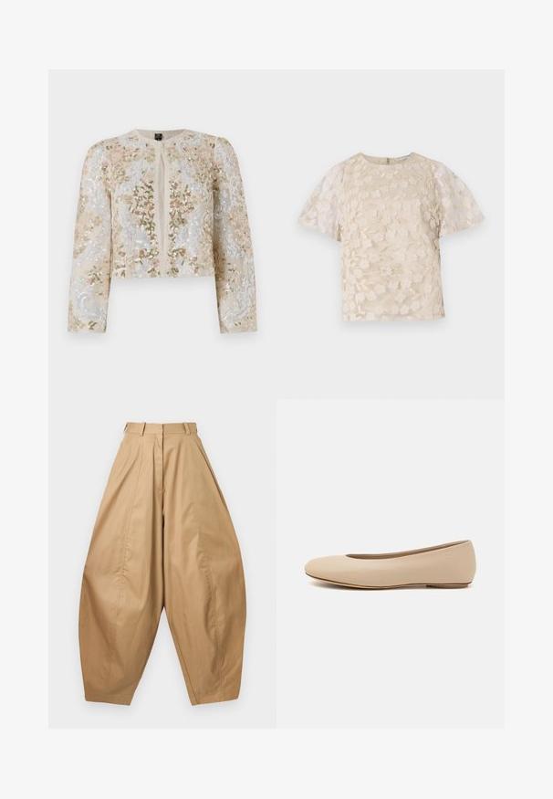 Beige värviga tikandiga lühike jak, millel on roosa, rohelise ja sinise lillemustrid. Omab pikki varrukaid ja ümmargust kaelust.; Beez pluus lilleline tikand, läbipaistvad puffvarrukad, ümmargune kaelus ja tagumine lukuga sulgemine. Tekstureeritud lillemustriga esitahvel.; Kõrge vöökoht, laiad beezid püksid voldikute, vöökaarte ja kitsenevate pahkluude abil, esitlemine valge tausta ees.; Beeži nahk balletitossud ümarate varvastega, minimaalse õmbluse detailiga, madala kanna ja diskreetse logoga taga. Sile, mati tekstuur.