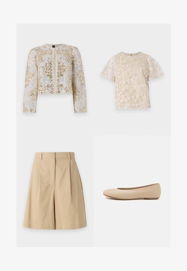 Beige cropattu takki, jossa on pinkkejä, vihreitä ja sinisiä kukkakuvioita. Varustettu pitkillä hihoilla ja pyöreällä kaula-aukolla.; Beige paita, jossa on kukkakirjonta, läpikuultavat puffihihat, pyöreä pääntie ja takana vetoketjusulku. Teksturoitu kukkakuvio etupaneelissa.; Vaaleanbeige vyötäröshortsit, joissa on korkea vyötärö, sileä pinta ja ilman näkyviä kiinnityksiä, muotoiltu siistin siluetin saavuttamiseksi.; Beige nahkara ballet flat dengan ujung bulat, detail jahitan minimal, hak rendah, dan logo halus di bagian belakang. Tekstur halus dan matte.